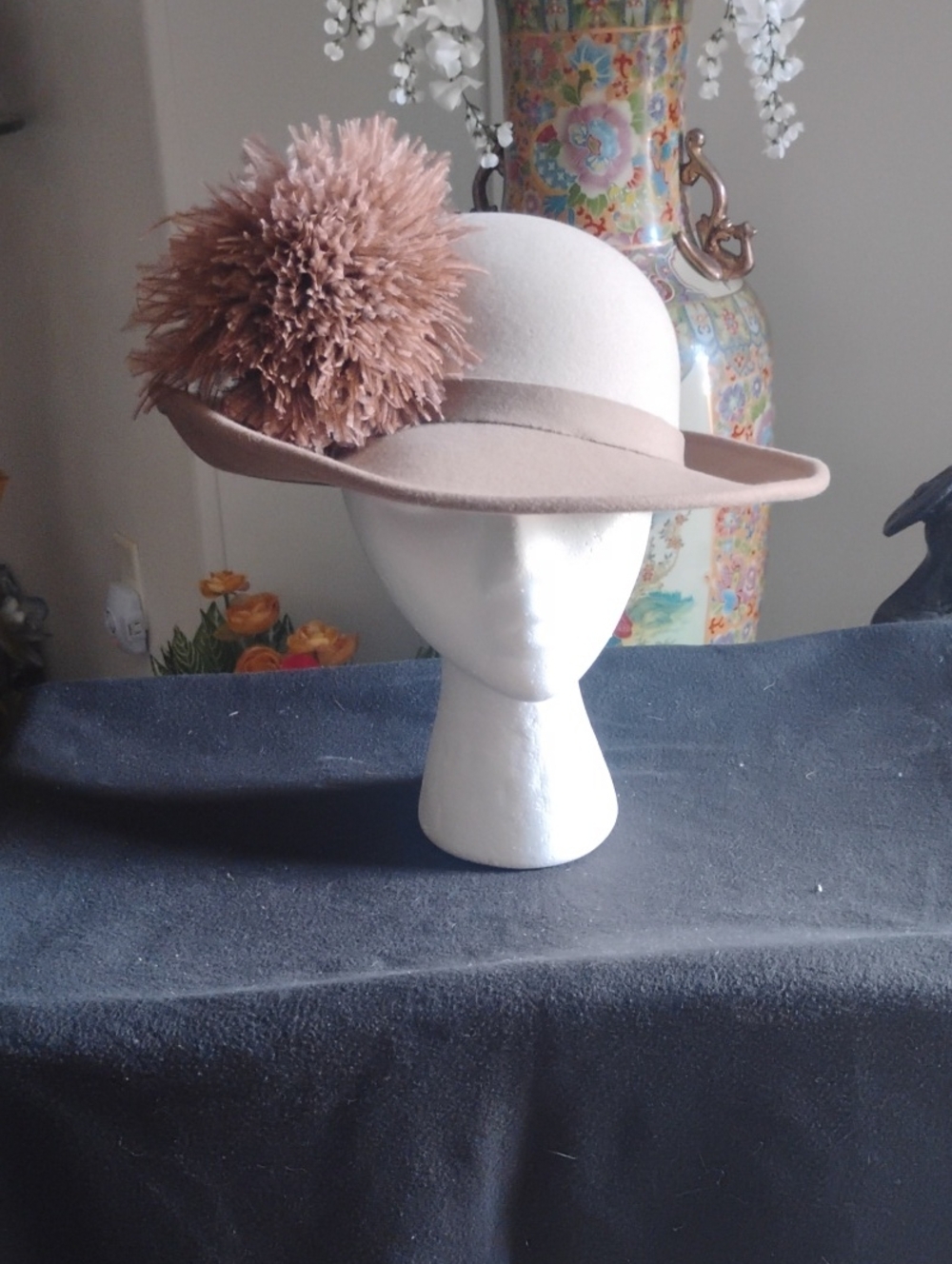 Two-Tone Beige and Taupe Felt Wide-Brim Hat with Pom